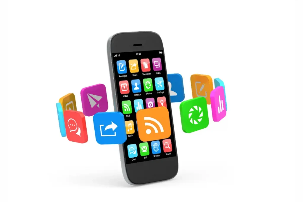 Smartphone exibindo diversos ícones de aplicativos flutuando ao redor