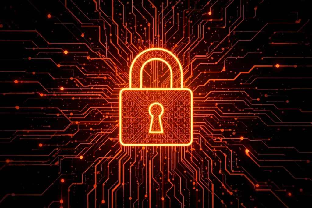 Cadeado digital de neon laranja em um circuito eletrônico simbolizando segurança de dados