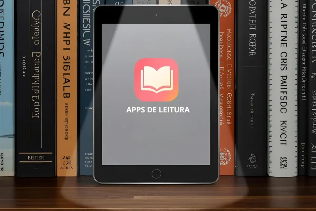 Tablet com o texto Apps de Leitura e um icone de livro na tela posicionado em frente a uma estante cheia de livros