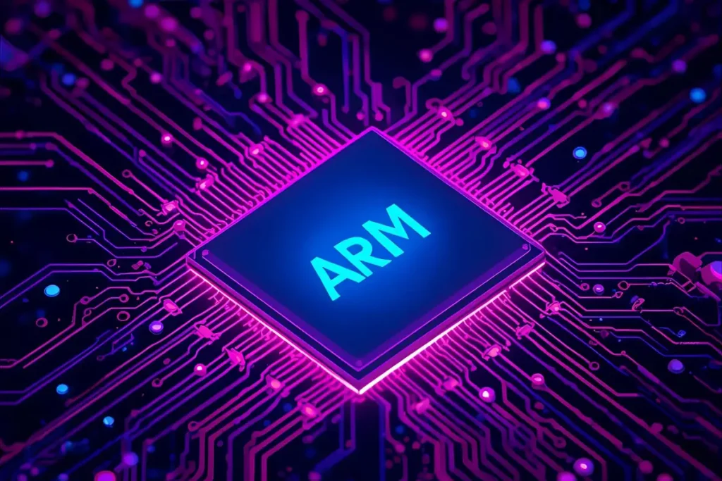 Microprocessador brilhante com a palavra ARM no centro em uma placa de circuito eletrônico nas cores azul e