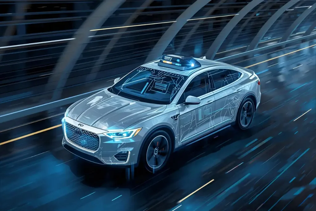 Carro autônomo prateado em movimento em alta velocidade com sensores e circuitos eletrônicos desenhados sobre a carroceria