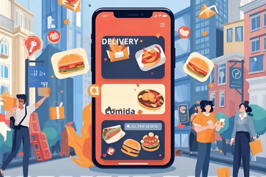 Celular gigante com app de delivery exibindo hambúrgueres e batatas fritas em uma rua urbana cheia de pessoas