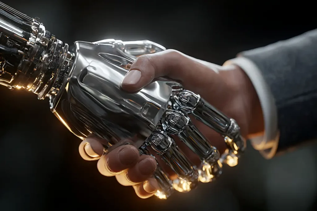 Aperto de mão entre um braço humano e um braço robótico cromado representando unificação da automação empresarial