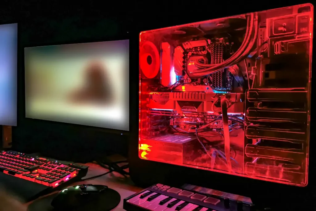 Gabinete de computador gamer iluminado com luzes internas vermelhas e teclado retroiluminado