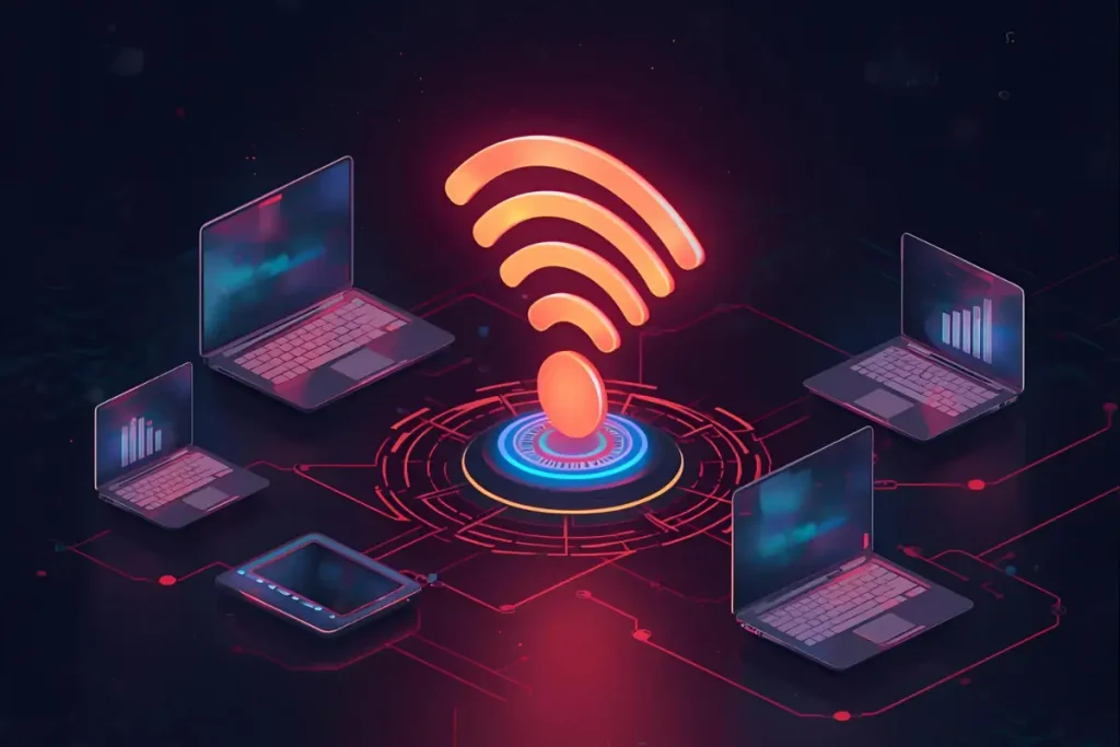 Ilustração digital 3D de um roteador emitindo um sinal Wi-Fi que conecta vários notebooks e tablets