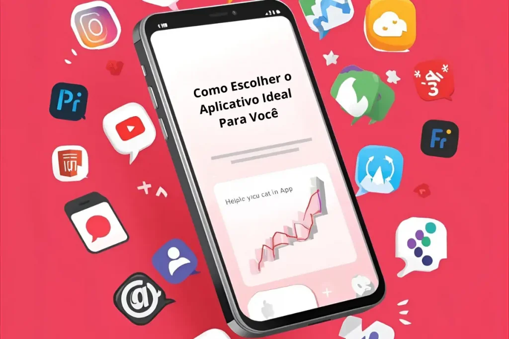 Celular exibindo tela com o título Como Escolher o Aplicativo Ideal Para Você cercado por icones de diversos apps em fundo vermelho