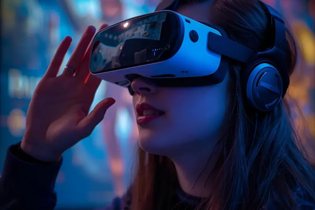 Mulher jovem usando óculos de realidade virtual com luzes neon azul refletindo no aparelho e mão erguida