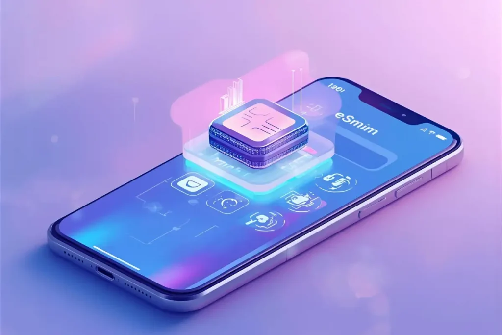 Smartphone com a ilustração de um chip eSIM digital flutuante na tela
