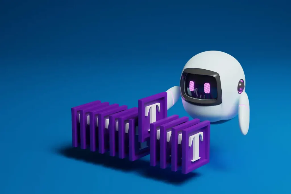 Robô branco com olhos roxos construindo a palavra PROMPT com blocos roxos em 3D