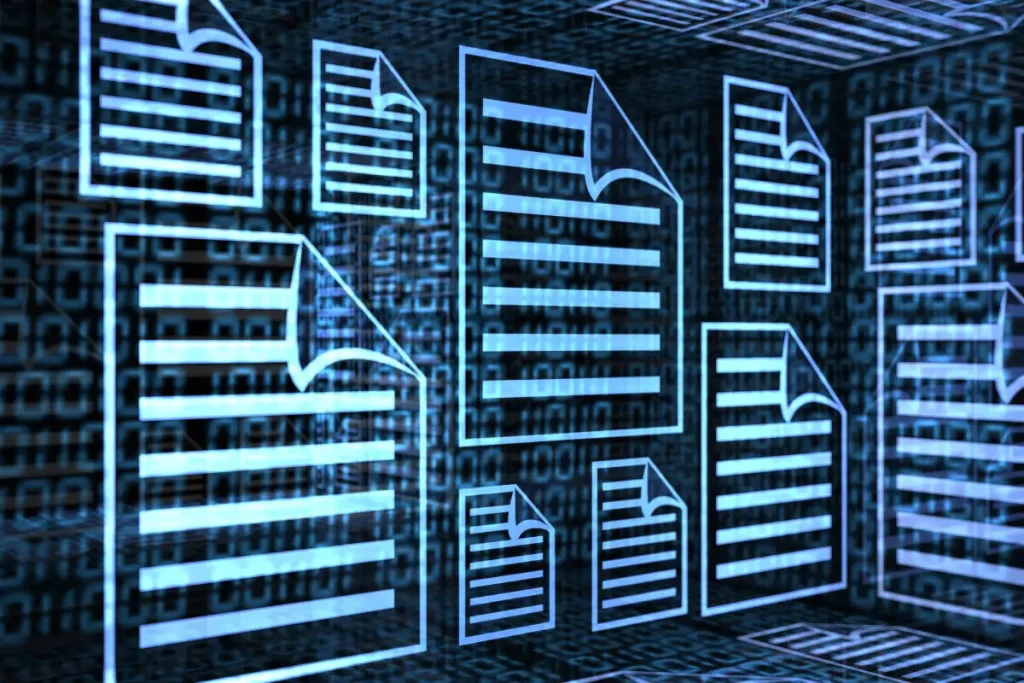 Arquivos digitais e documentos flutuando em um fundo de código binário azul