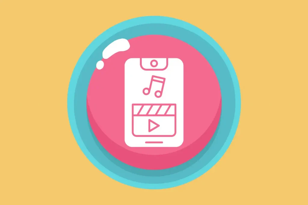 Ícone de celular com nota musical e claquete de vídeo dentro de um círculo rosa com borda azul claro