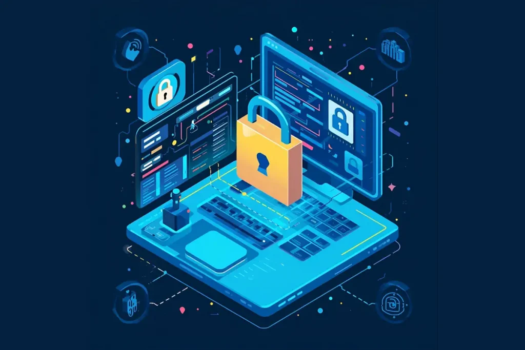 Ilustração de um cadeado grande em cima de um teclado de notebook com telas digitais ao redor representando segurança digital e gerenciamento de senhas