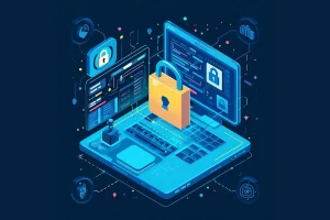 Ilustração de um cadeado grande em cima de um teclado de notebook com telas digitais ao redor representando segurança digital e gerenciamento de senhas