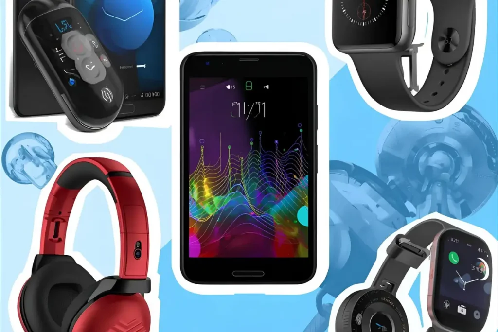 Montagem de vários gadgets tecnológicos como fones de ouvido sem fio tradutor inteligente e smartwatches em um fundo azul