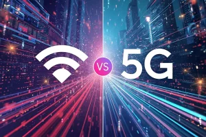 Comparação visual entre os símbolos de Wi-Fi e 5G em um fundo de cidade digital com luzes de rede