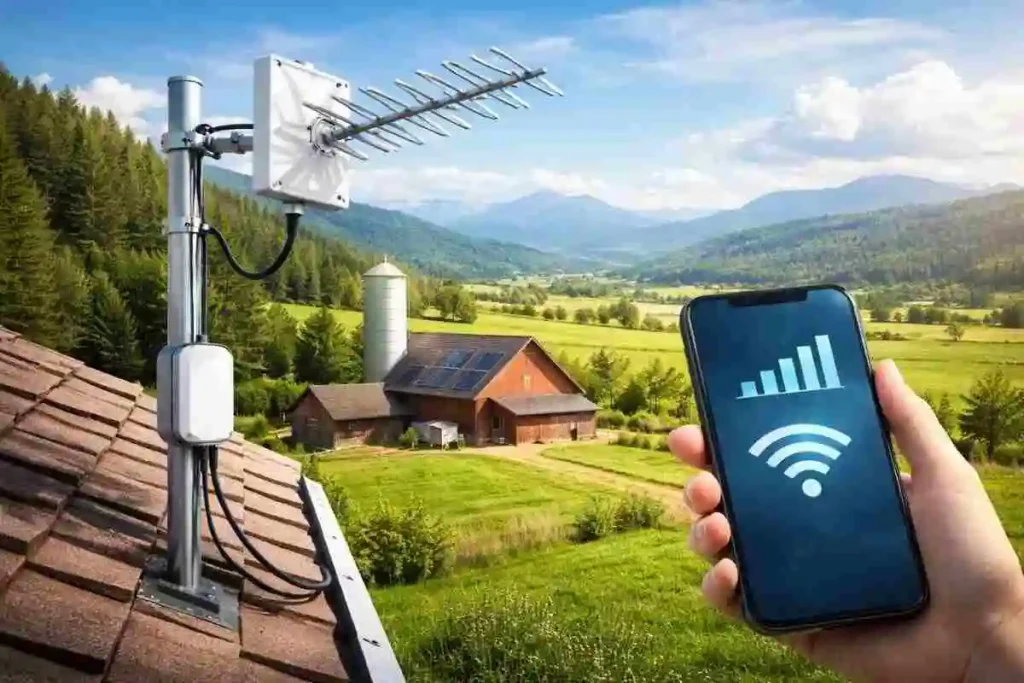 Uma pessoa segura um smartphone mostrando um forte sinal de Wi-Fi perto de uma antena no telhado, com uma casa de fazenda rural e campos ao fundo.