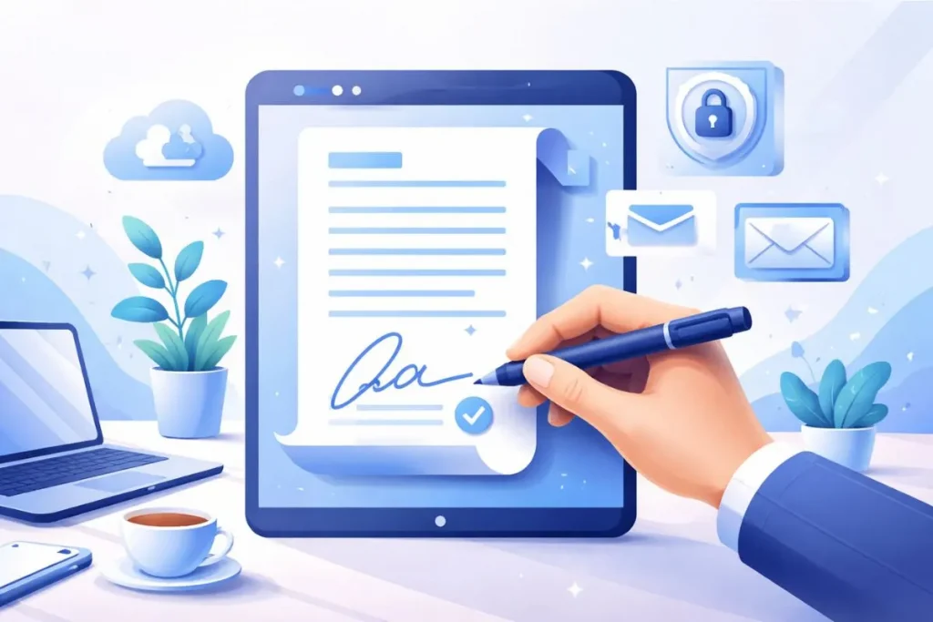 Uma mão assina um documento digital em um tablet, cercado por ícones de segurança, e-mail, plantas, um laptop e uma xícara de café em uma mesa.