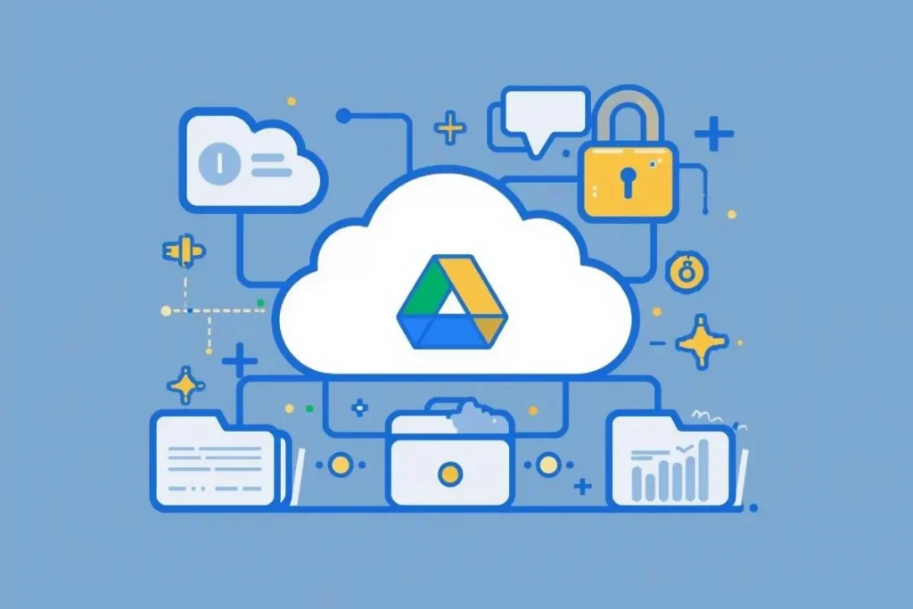 Ilustração mostrando uma nuvem com o logotipo do Google Drive, cercada por ícones de arquivos, pastas, um cadeado e símbolos de comunicação, representando o armazenamento em nuvem e o compartilhamento seguro de arquivos.