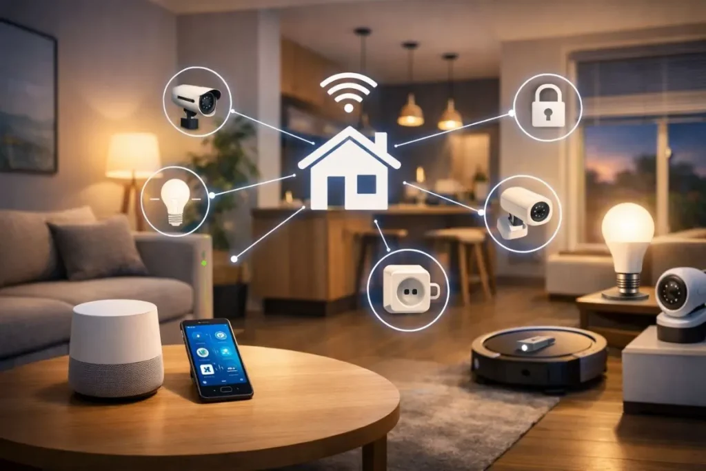 Sala de estar moderna com dispositivos inteligentes, incluindo alto-falante, telefone, câmera e aspirador de pó robô, ilustrando a automação residencial e a conectividade da casa inteligente com ícones.