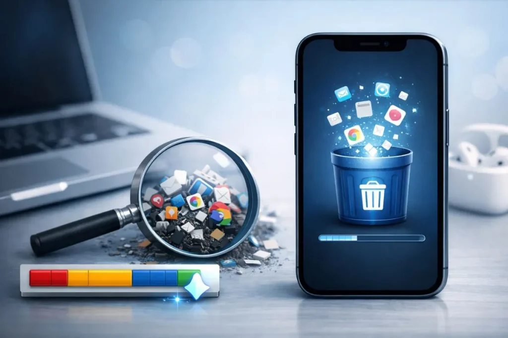 Uma lupa ao lado de um telefone.