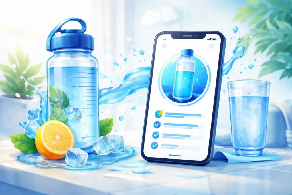 Uma garrafa de água, um copo de água com gelo, limão e hortelã e um smartphone exibindo um aplicativo de monitoramento de hidratação estão dispostos em uma superfície brilhante com respingos de água.