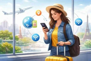 Uma mulher de chapéu segura uma mala e olha seu telefone em um aeroporto. Ícones de um globo, Wi-Fi e um avião a cercam, com a Torre Eiffel visível do lado de fora da janela.